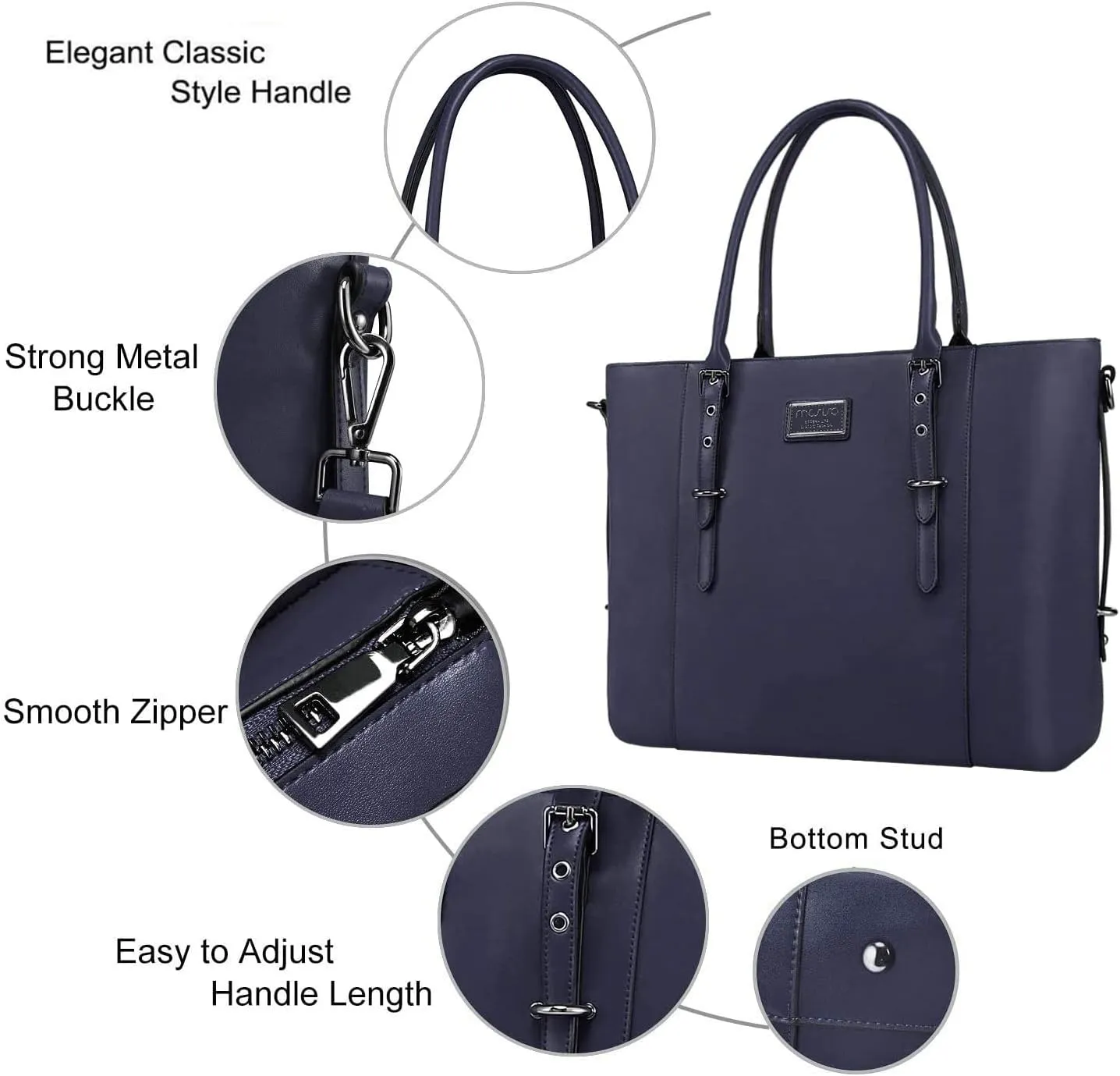 MOSISO PU Leather Laptop Tote Bag for Women (15-16 inch), Waterproof Large Capacity Business Work Briefcase Shoulder Laptop Bag, Navy Blue