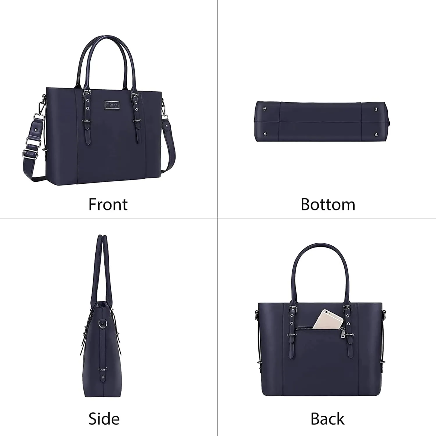 MOSISO PU Leather Laptop Tote Bag for Women (15-16 inch), Waterproof Large Capacity Business Work Briefcase Shoulder Laptop Bag, Navy Blue