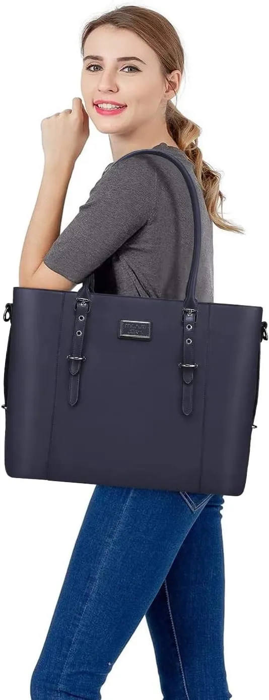 MOSISO PU Leather Laptop Tote Bag for Women (15-16 inch), Waterproof Large Capacity Business Work Briefcase Shoulder Laptop Bag, Navy Blue