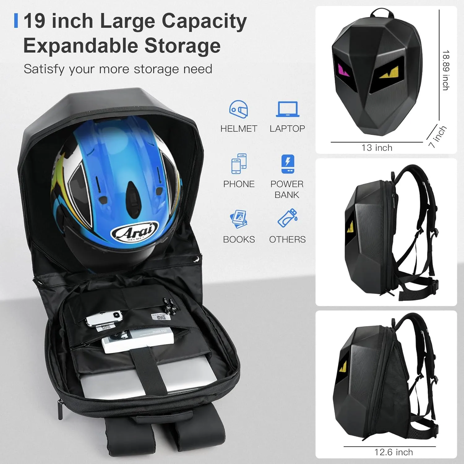 Motorcycle Backpack for Men, LED Backpack With DIY Programmable Full Color Screen, Hard Shell Large Capacity Waterproof Helmet Bag Laptop Backpack