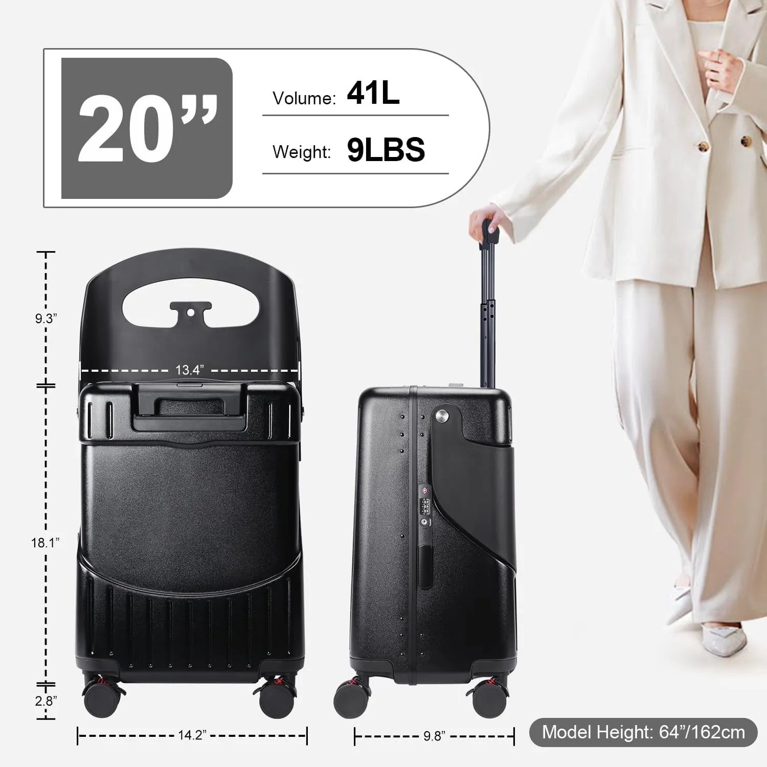 MRPLUM Ride On Luggage with Seat for Kids&Adults with Seat Belt,Hard Shell Lightweight Rolling Spinner Wheels Travel Luggage with TSA Lock, 20 inch,Black