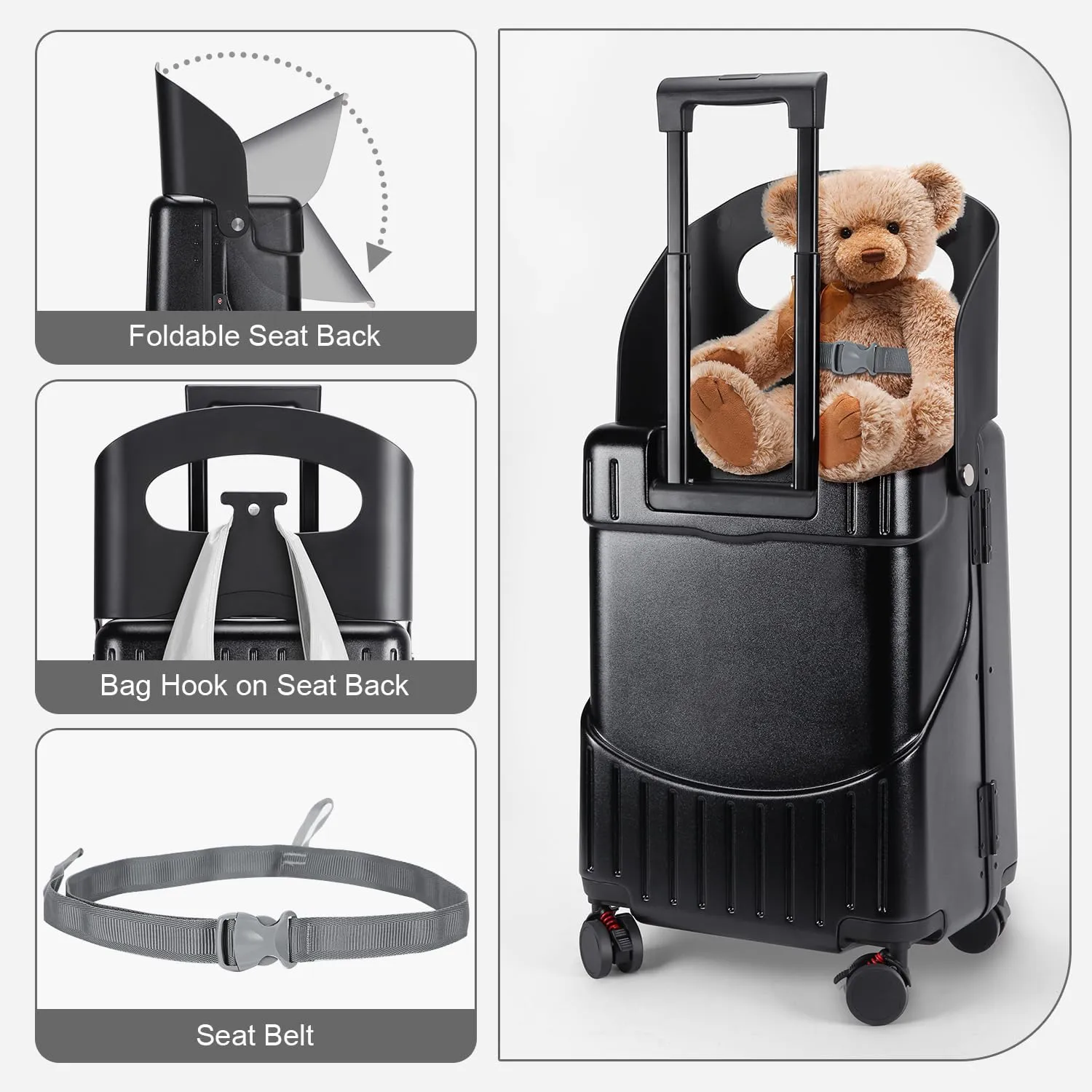 MRPLUM Ride On Luggage with Seat for Kids&Adults with Seat Belt,Hard Shell Lightweight Rolling Spinner Wheels Travel Luggage with TSA Lock, 20 inch,Black