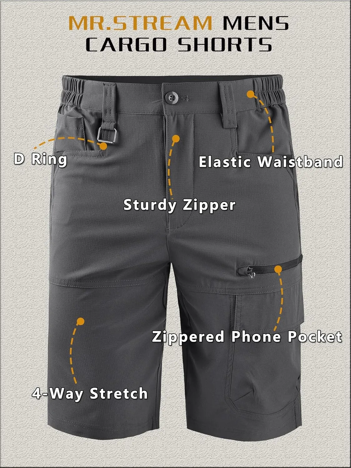 Mr.Stream Men's Summer Quick Drying Fishing Zipper Pocket Elastic Waist Golf Cargo Shorts