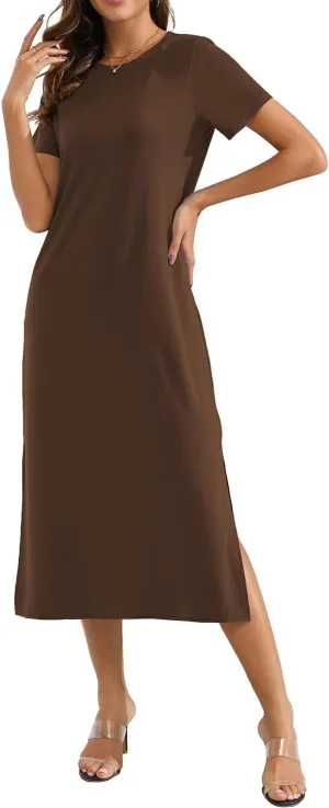 Naggoo Women's Short Sleeve Split Maxi Dress Casual Plain Tie Dye Print Tshirt Long Dresses with Pockets