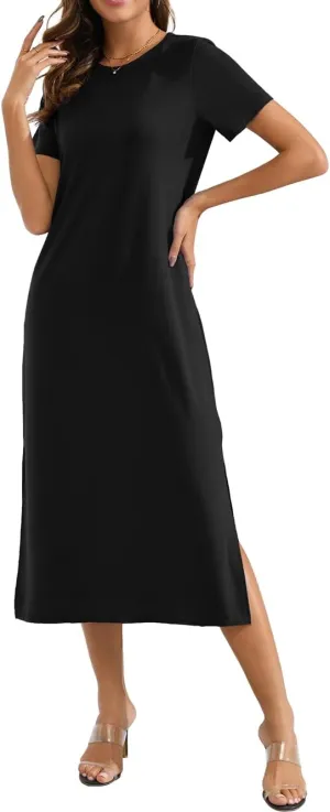 Naggoo Women's Short Sleeve Split Maxi Dress Casual Plain Tie Dye Print Tshirt Long Dresses with Pockets
