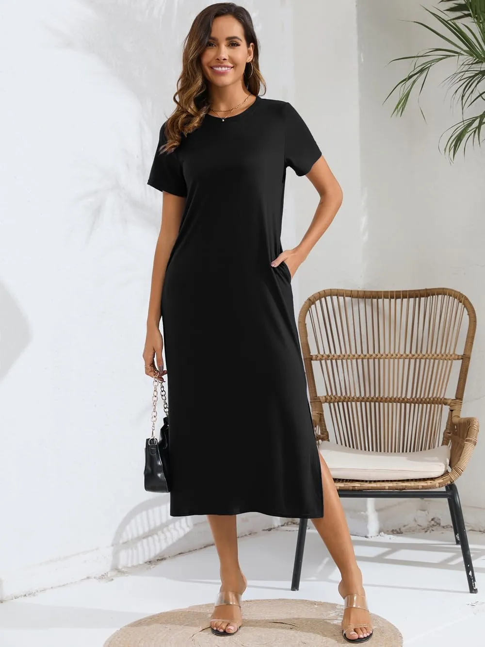 Naggoo Women's Short Sleeve Split Maxi Dress Casual Plain Tie Dye Print Tshirt Long Dresses with Pockets