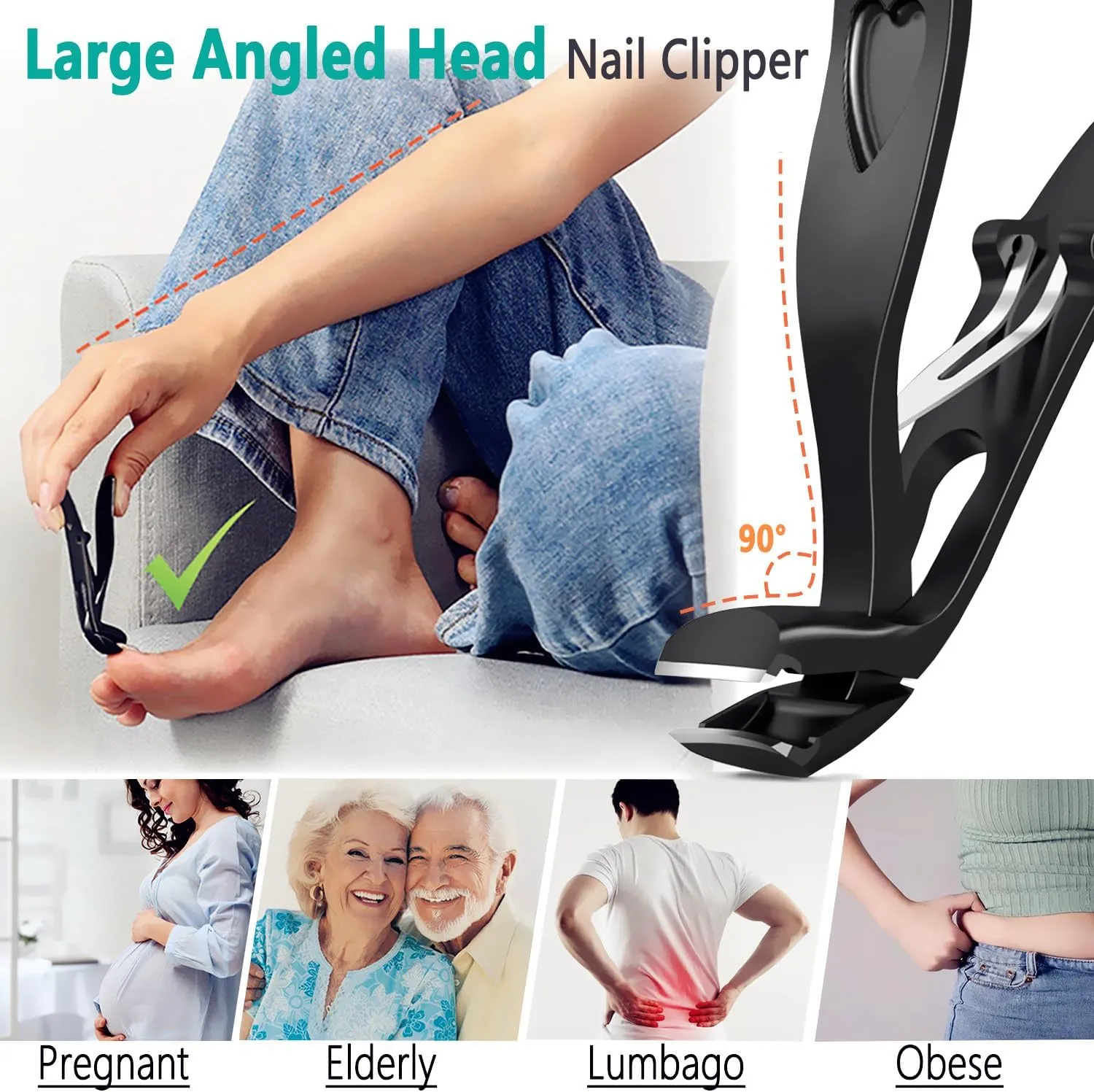 Nail Clippers for Thick Nails, Extra Sharp Ergonomic Wide Jaw Angled Toenail Clippers Fingernail Clippers for Women Men Seniors Nail Cutters Trimmers Set with Nail File Gift Case - Black
