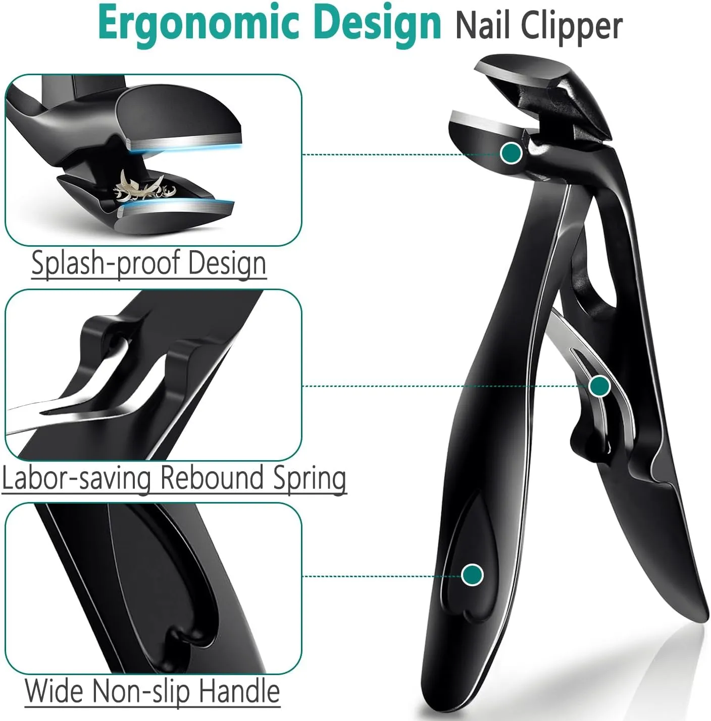 Nail Clippers for Thick Nails, Extra Sharp Ergonomic Wide Jaw Angled Toenail Clippers Fingernail Clippers for Women Men Seniors Nail Cutters Trimmers Set with Nail File Gift Case - Black
