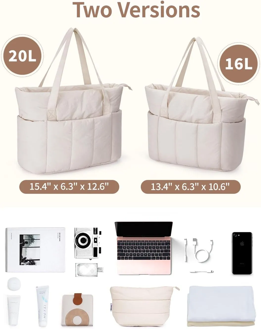 Narwey Puffer Travel Tote Bag for Women Work with Laptop Compartment, Quilted Puffy Tote Bags for Carry on, College, Nurse