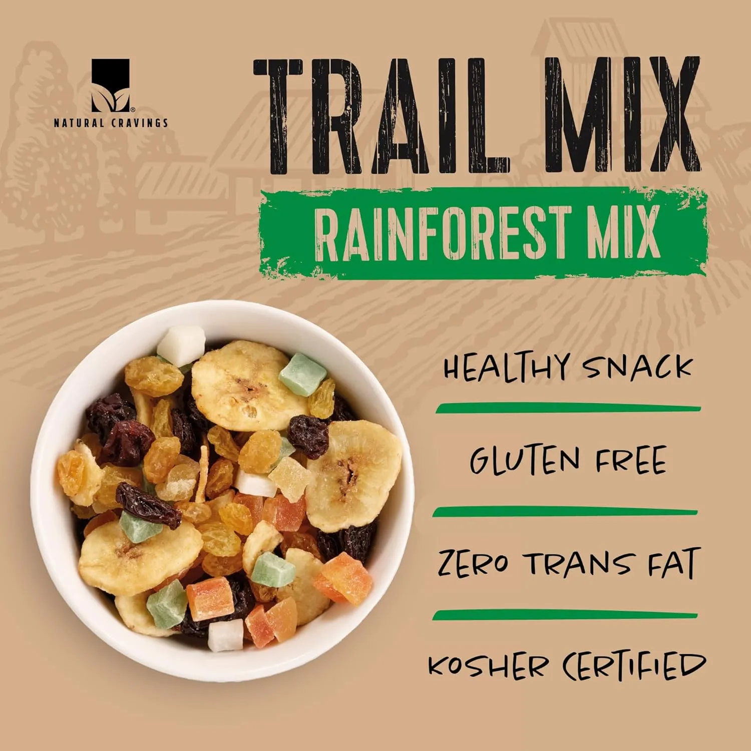 Natural Cravings Trail Mix Snack Packs - Individual 3.5 oz Bags - Rainforest Dried Fruit Mix & Assorted Nuts Mix with Dry Pineapple, Banana Chips, Papaya, Raisins, Coconut - Trail Mix Individual Packs