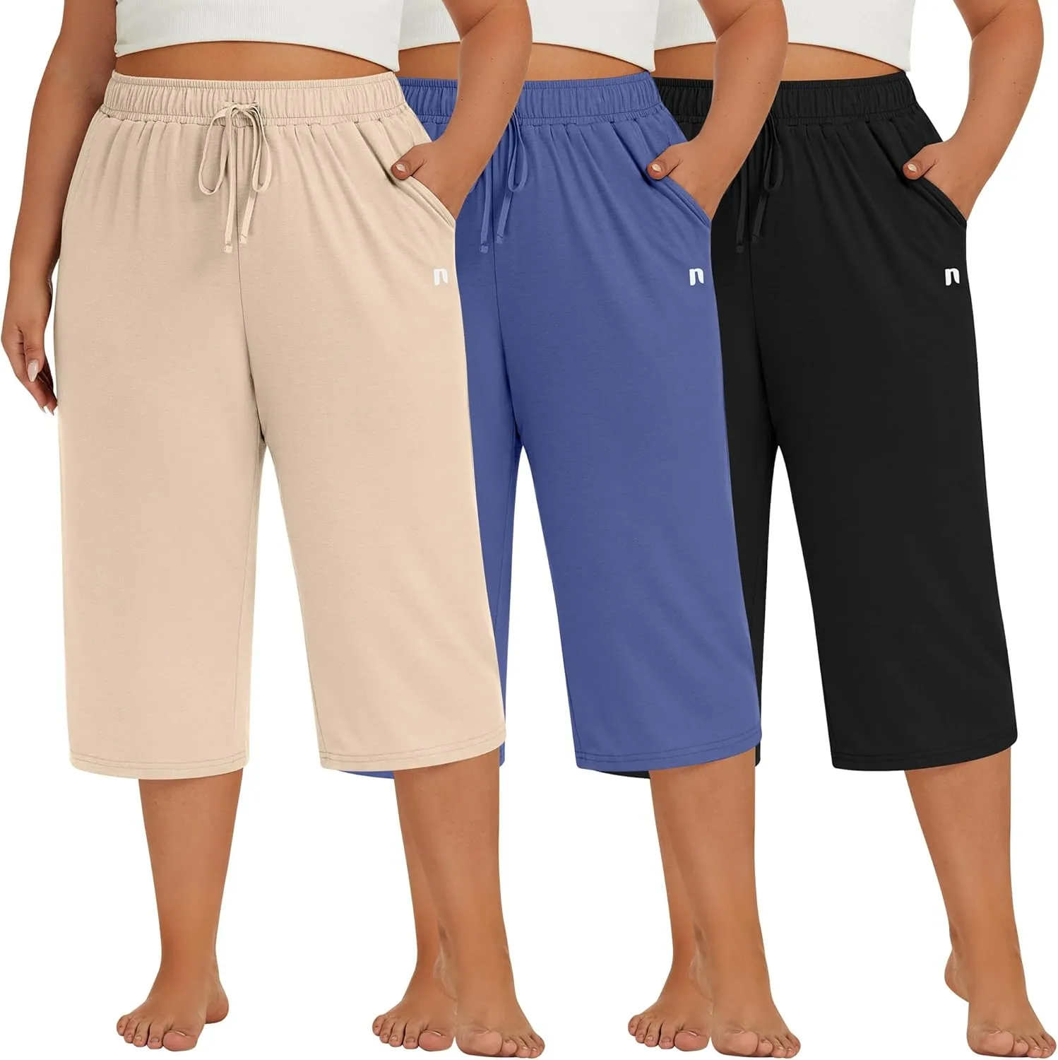 Neer 3 Pack Women's Plus Size Capris, Cotton Wide Leg Pants Casual Drawstring Capri Sweatpants Drawstring Pants with Pockets