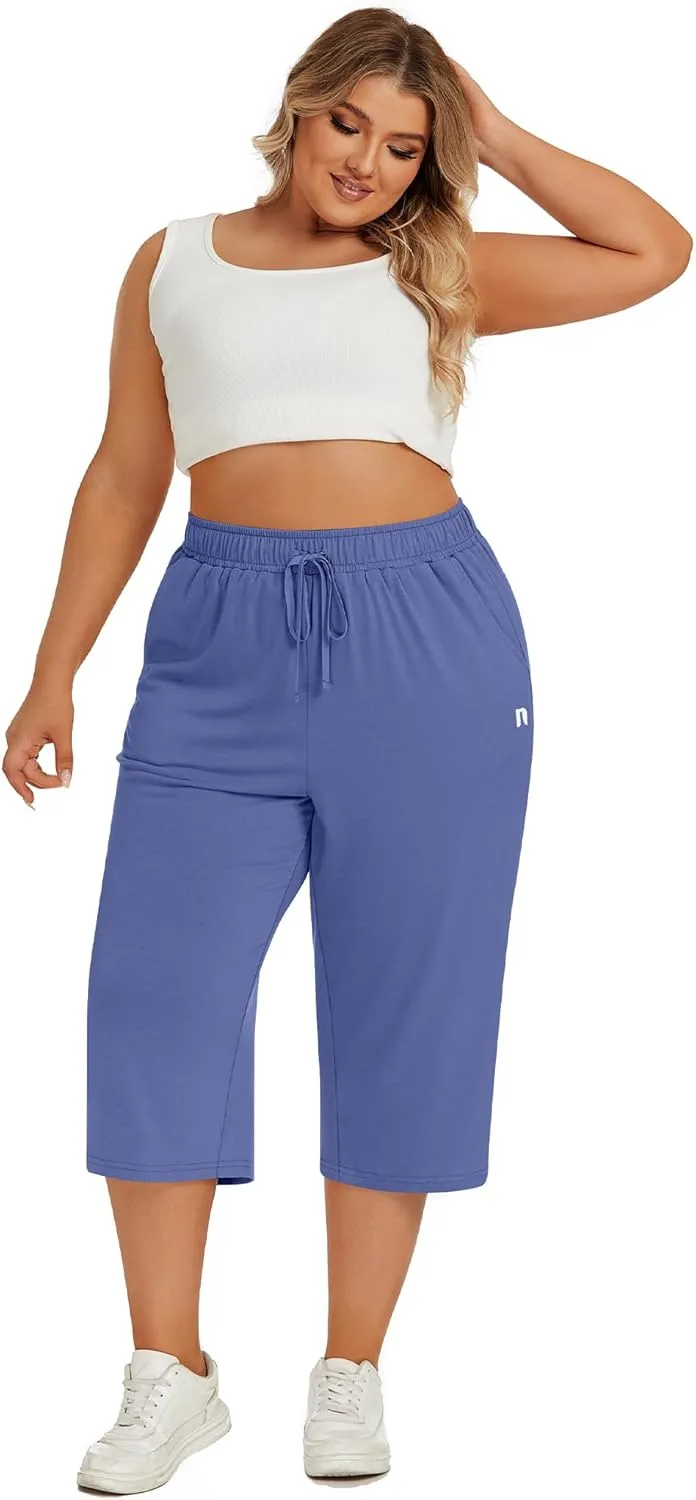 Neer 3 Pack Women's Plus Size Capris, Cotton Wide Leg Pants Casual Drawstring Capri Sweatpants Drawstring Pants with Pockets