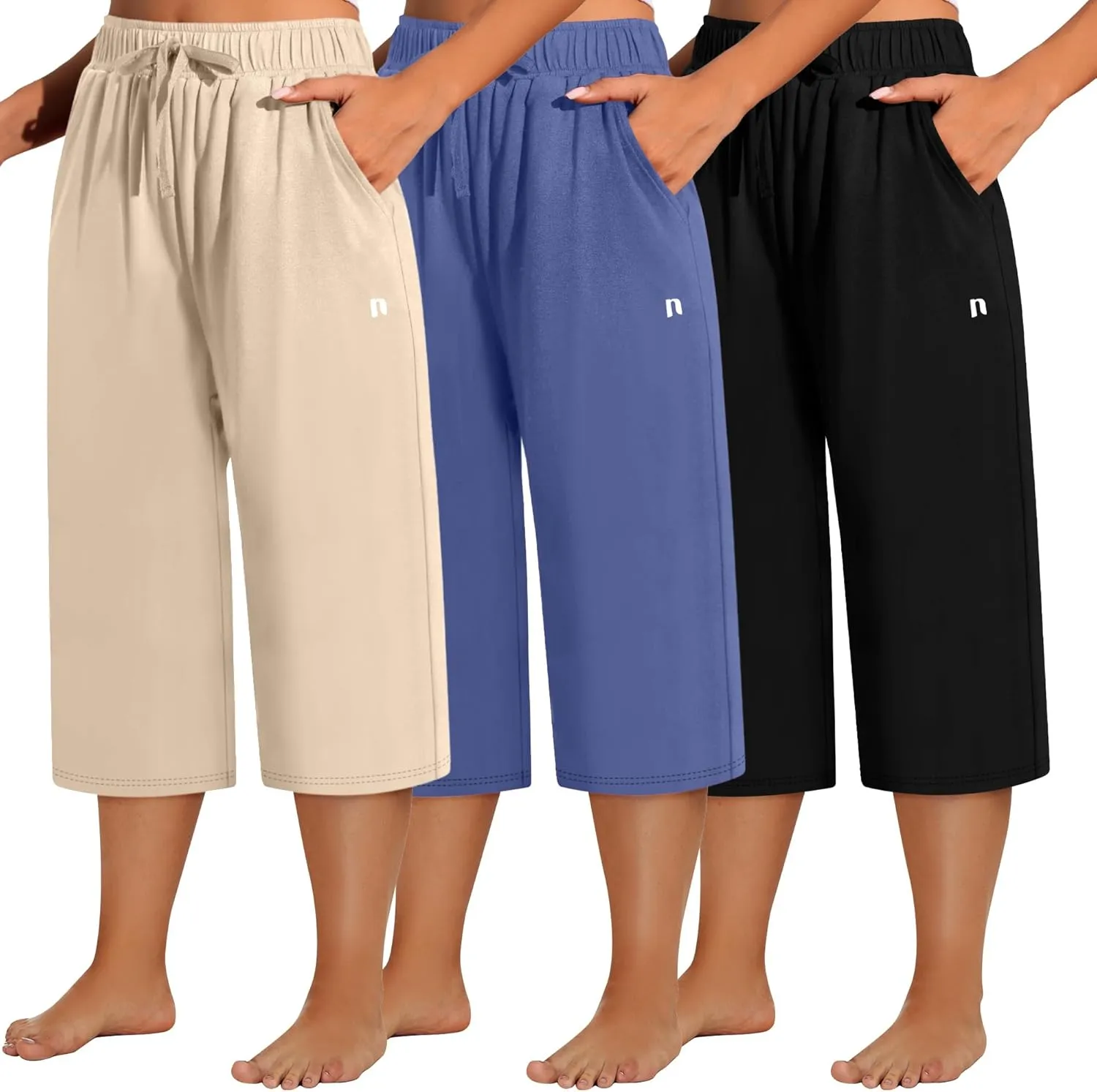 Neer 3 Pack Women's Plus Size Capris, Cotton Wide Leg Pants Casual Drawstring Capri Sweatpants Drawstring Pants with Pockets