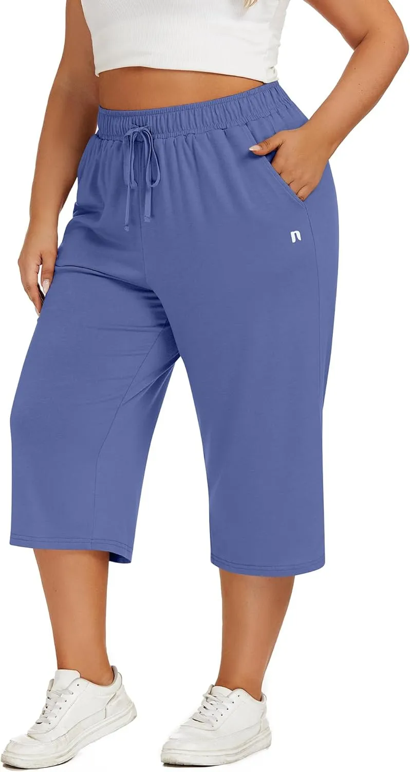 Neer 3 Pack Women's Plus Size Capris, Cotton Wide Leg Pants Casual Drawstring Capri Sweatpants Drawstring Pants with Pockets