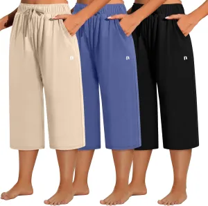 Neer 3 Pack Women's Plus Size Capris, Cotton Wide Leg Pants Casual Drawstring Capri Sweatpants Drawstring Pants with Pockets