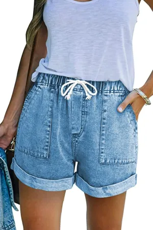 NEYOUQE Women's Casual Fashion Denim Shorts High Waisted Ripped Short Jeans Stretchy Drawstring Elastic Waist Jean 2025