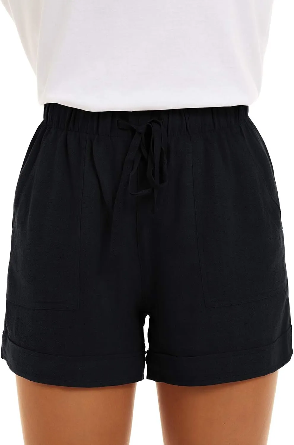 NEYOUQE Womens Cotton Linen Casual Summer Elastic Waist Comfy Shorts with Pocket