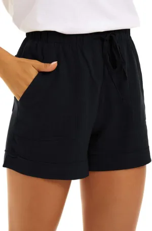 NEYOUQE Womens Cotton Linen Casual Summer Elastic Waist Comfy Shorts with Pocket