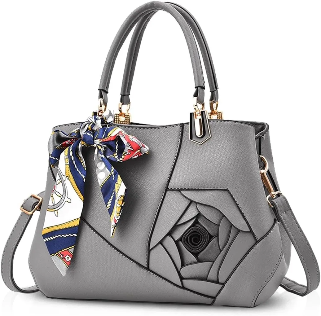 NICOLE&DORIS Flowers Handbag for Women Top Handle Bags PU Leather Messenger Bag Fashion Shoulder Bag Tote Satchel Ladies Crossbody Bag Gray
