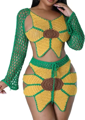 Nihsatin 2 Piece Outfits for Women Sunflower Crochet Long Bell Sleeve Crop Top with Cutout Skirt Set