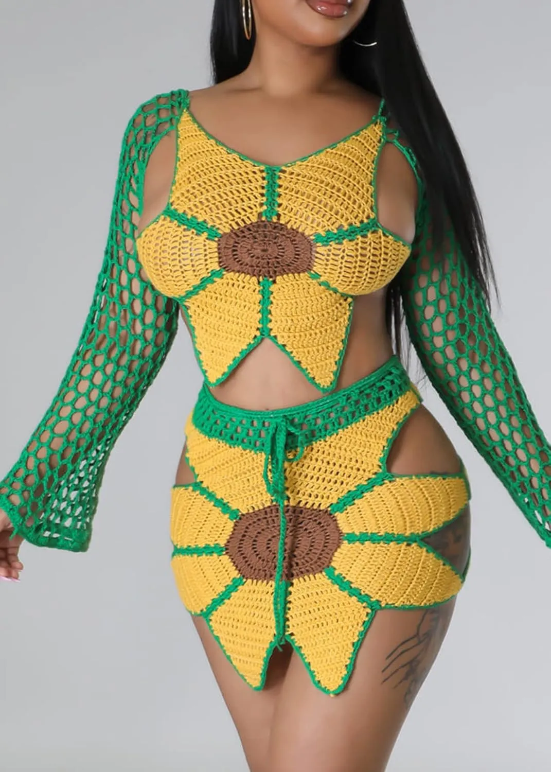 Nihsatin 2 Piece Outfits for Women Sunflower Crochet Long Bell Sleeve Crop Top with Cutout Skirt Set