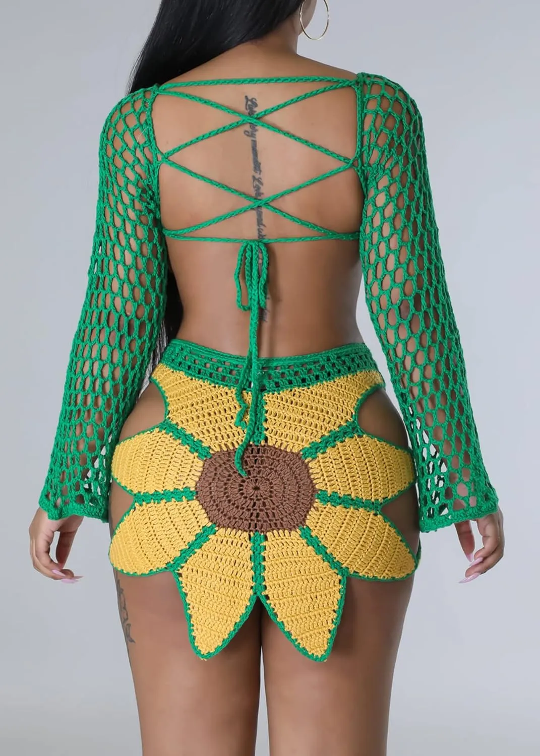 Nihsatin 2 Piece Outfits for Women Sunflower Crochet Long Bell Sleeve Crop Top with Cutout Skirt Set