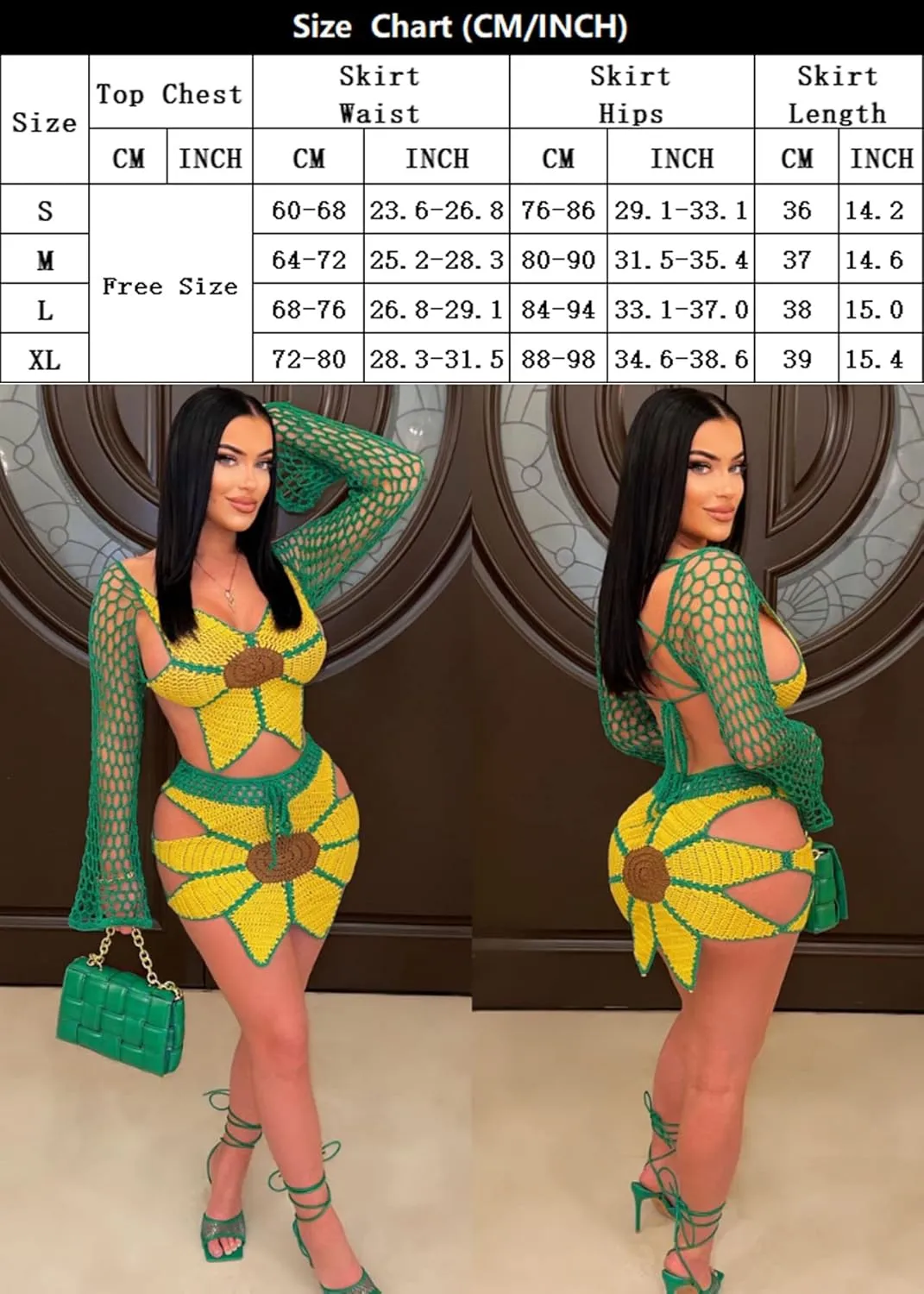Nihsatin 2 Piece Outfits for Women Sunflower Crochet Long Bell Sleeve Crop Top with Cutout Skirt Set