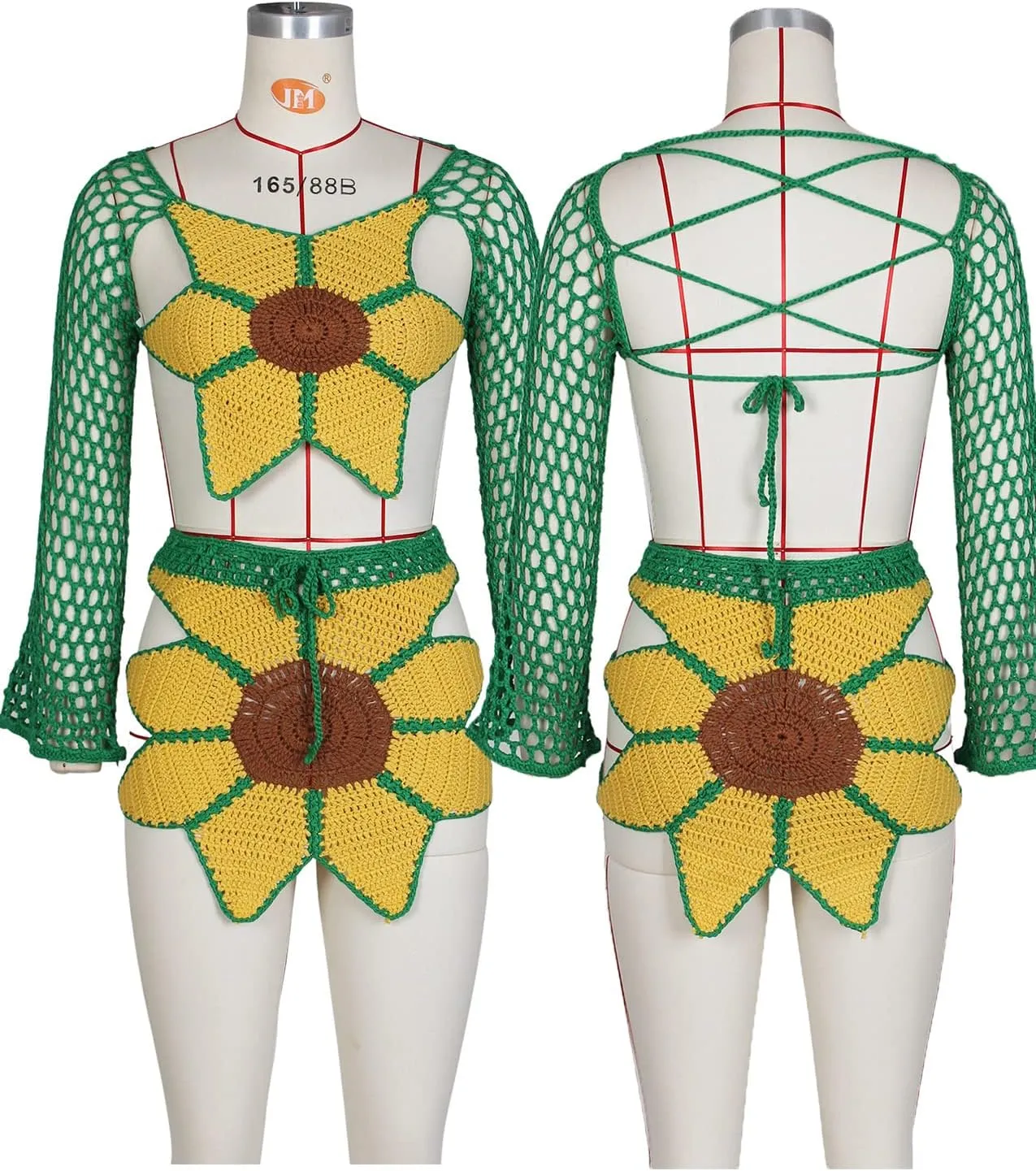 Nihsatin 2 Piece Outfits for Women Sunflower Crochet Long Bell Sleeve Crop Top with Cutout Skirt Set