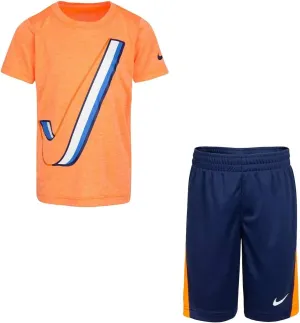Nike Boy`s Dri Fit Logo Graphic Shirt & Shorts 2 Piece Set (Midnight Navy(86G406-U90)/Orange, 7)