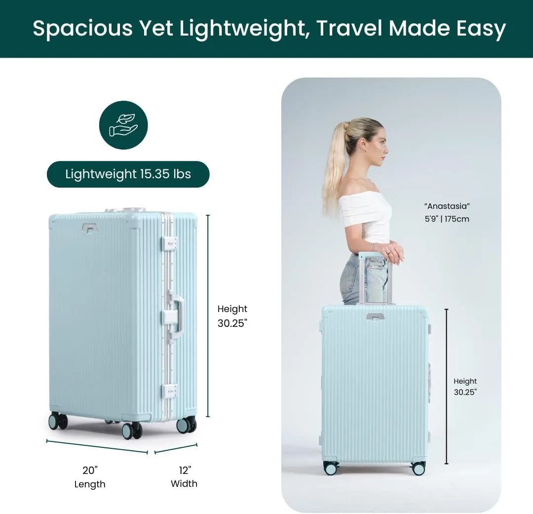 Nobl Travel Zipperless Check In Suitcase - Aluminum Frame, Check In luggage 30.25x20x12 Airline Approved by Noble Travel- Unbreakable Polycarbonate Shell- Dual TSA Locks, 360° Spinner Wheels Baby Blue