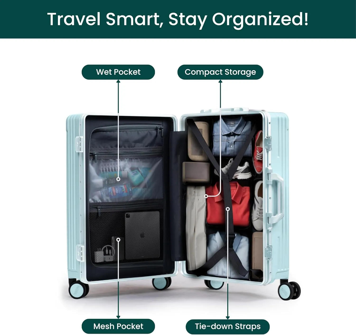 Nobl Travel Zipperless Check In Suitcase - Aluminum Frame, Check In luggage 30.25x20x12 Airline Approved by Noble Travel- Unbreakable Polycarbonate Shell- Dual TSA Locks, 360° Spinner Wheels Baby Blue