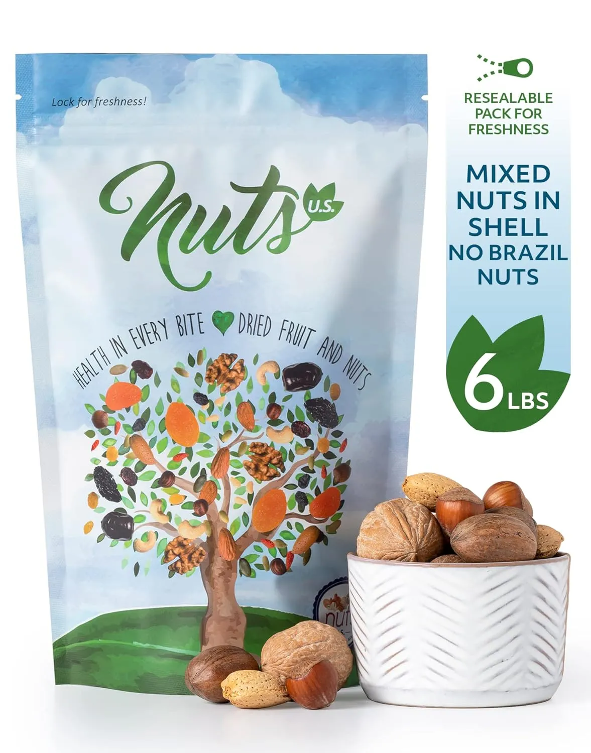 NUTS U.S. – Mixed Nuts In Shell (Almonds, Walnuts, Hazelnuts, Pecans) | No Added Colors and No Artificial Flavors | Fresh Buttery Taste and Raw |Packed In Resealable Bags!!! (6 LBS)