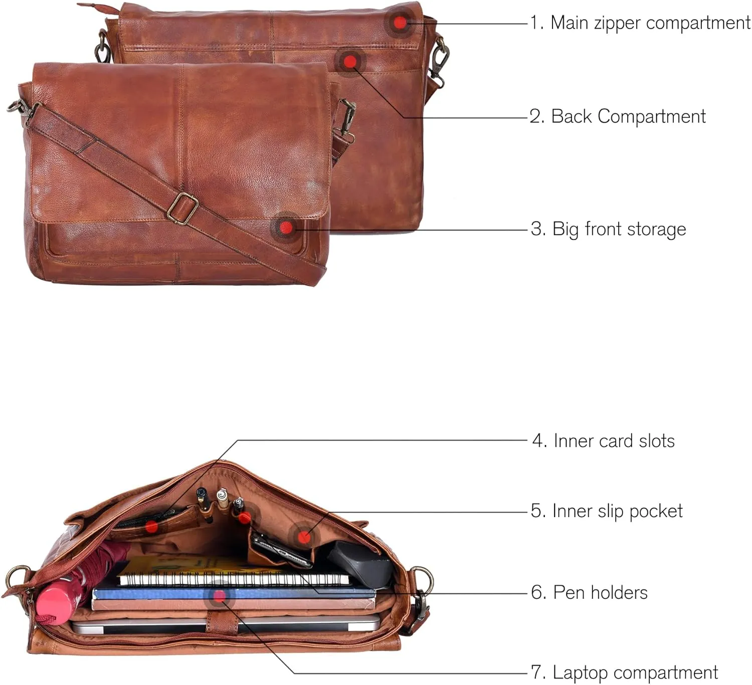 Oak Leathers Leather Messenger Bag for Men and Women - Laptop Briefcase Bag For College, Office, Adjustable Shoulder Strap