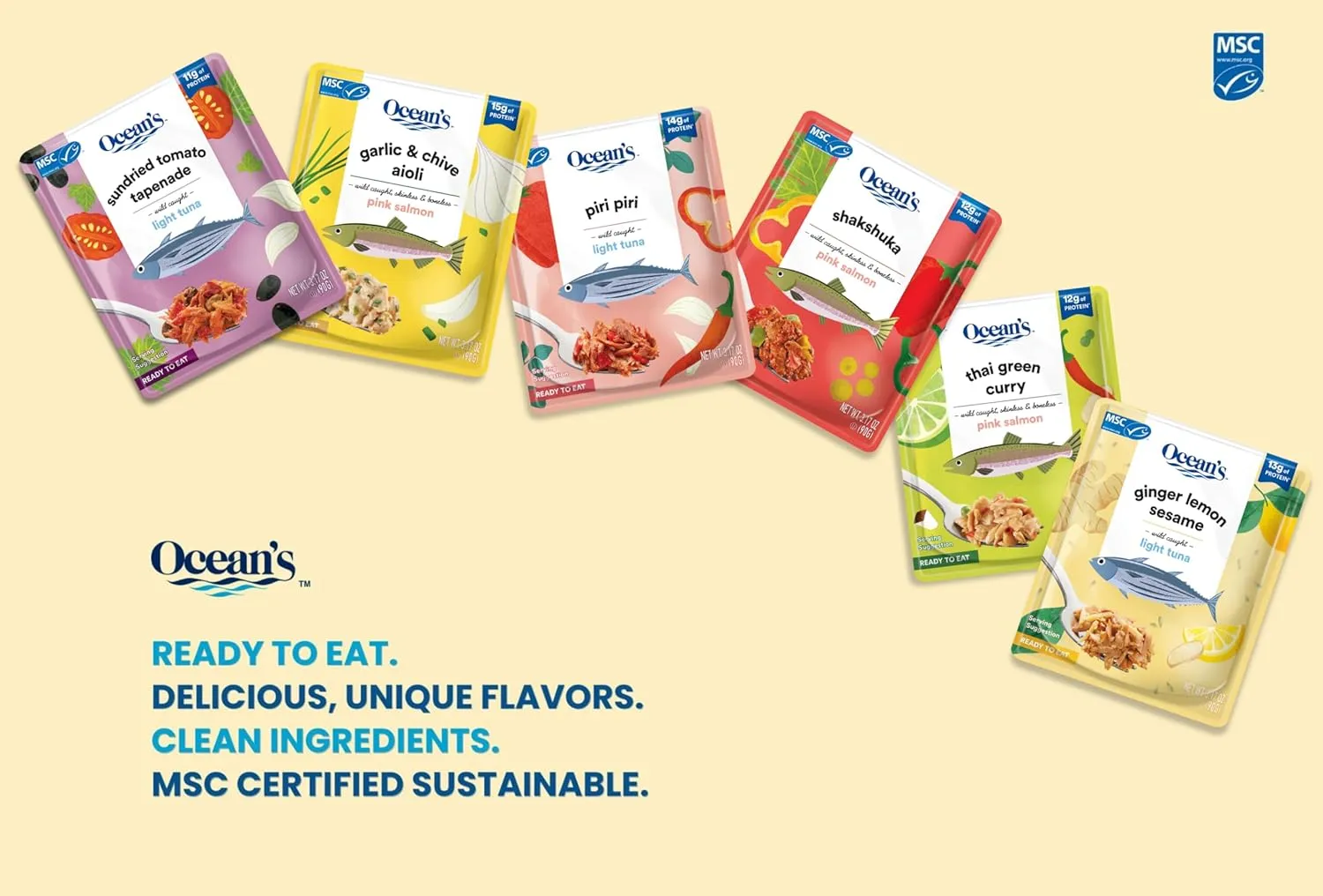 Ocean's Variety Pack | 3.17oz - 6 Pouches | Tuna & Pink Salmon Variety | Wild-Caught | Skinless & Boneless | Ready-to-eat | Skipjack Tuna | Alaskan Salmon | (6-Pack, Variety Combo)