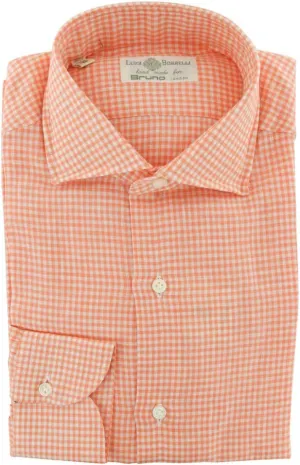 Orange Checkered Button Down Spread Collar Linen Slim Fit Dress Shirt, Size Small 15.5