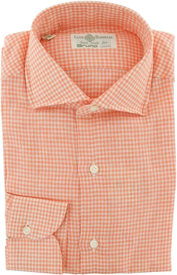 Orange Checkered Button Down Spread Collar Linen Slim Fit Dress Shirt, Size Small 15.5