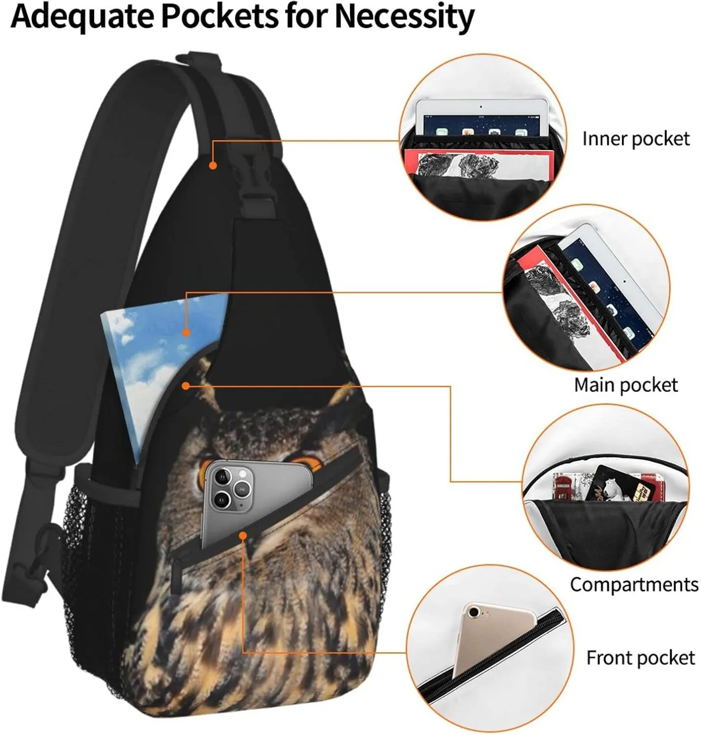 Owl Sling Bag Animal Crossbody Chest Daypack Casual Backpack Cool Shoulder Bag For Travel Picnic