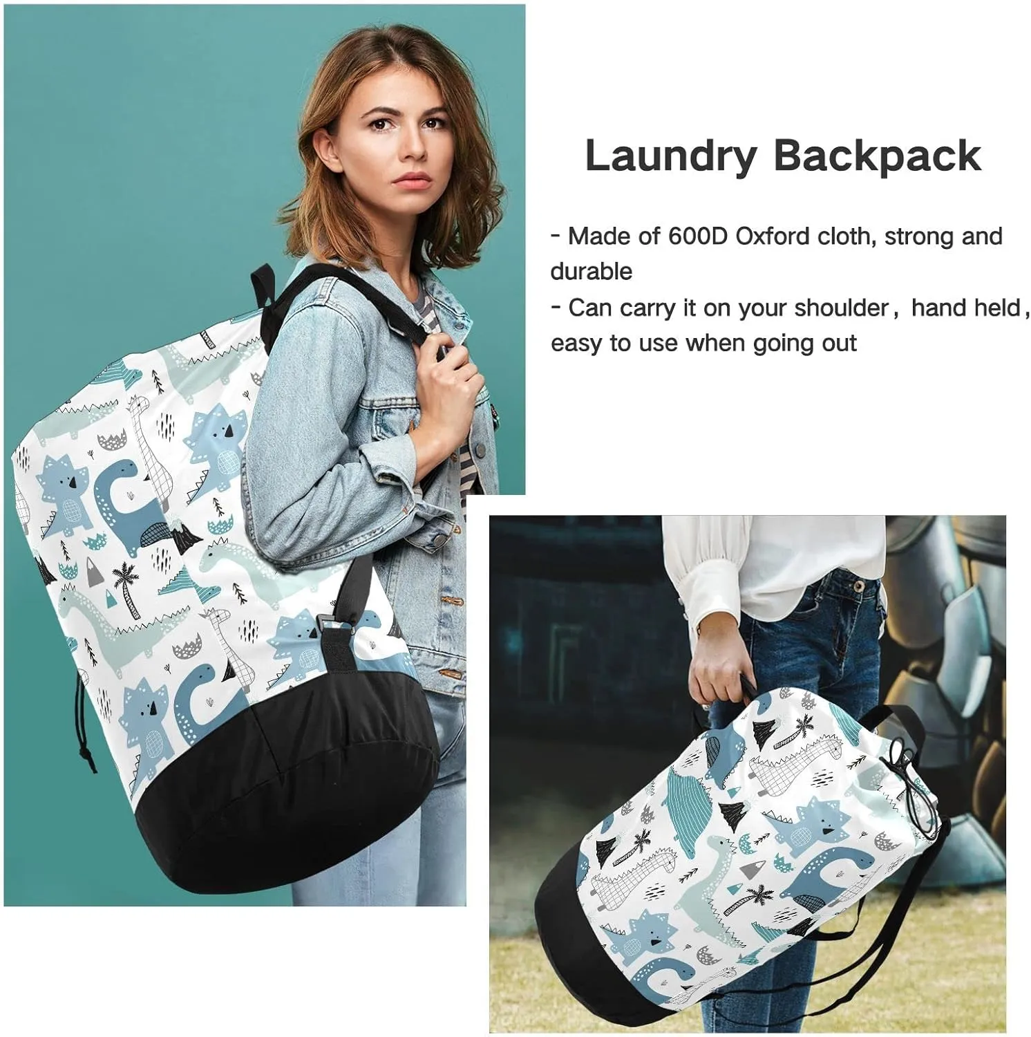 Oyihfvs Childish Hand Drawn Dinosaurs in Scandinavian Style Palm Trees Backpack Laundry Bag, Laundry Backpack with Shoulder Straps, Waterproof Nylon Clothes Hamper Bag for Men Women Yoga Backpack