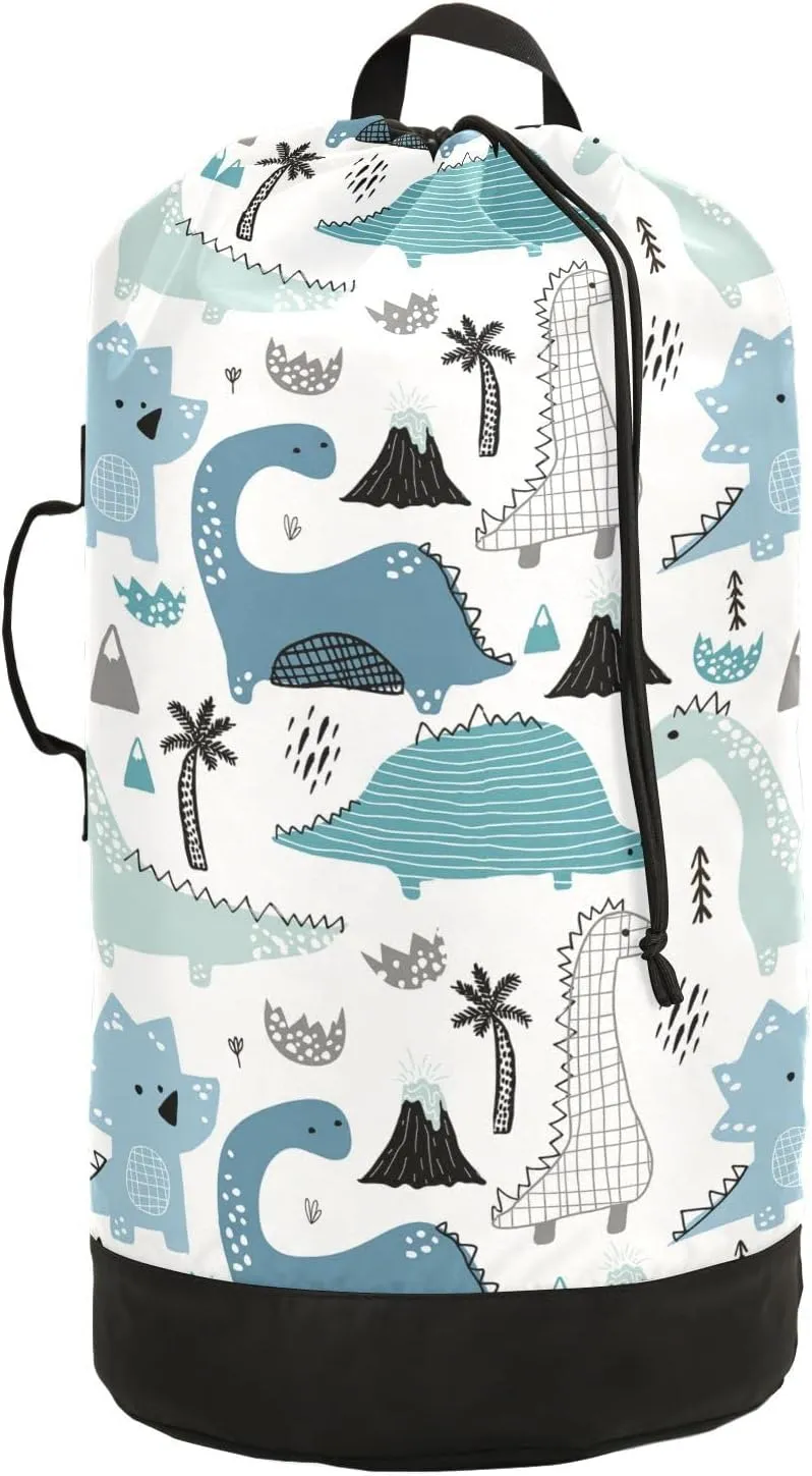Oyihfvs Childish Hand Drawn Dinosaurs in Scandinavian Style Palm Trees Backpack Laundry Bag, Laundry Backpack with Shoulder Straps, Waterproof Nylon Clothes Hamper Bag for Men Women Yoga Backpack