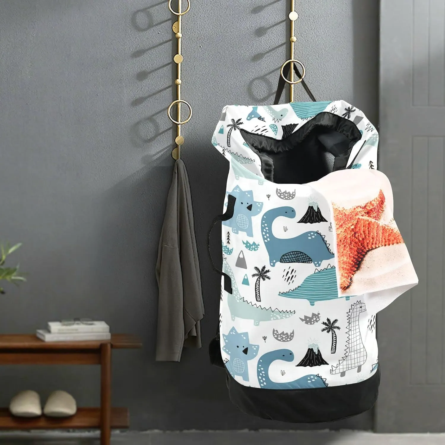 Oyihfvs Childish Hand Drawn Dinosaurs in Scandinavian Style Palm Trees Backpack Laundry Bag, Laundry Backpack with Shoulder Straps, Waterproof Nylon Clothes Hamper Bag for Men Women Yoga Backpack