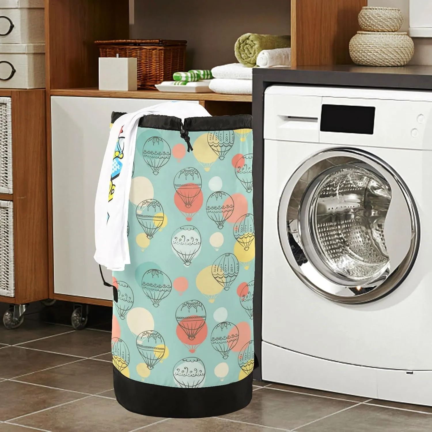 Oyihfvs Doodle Air Balloon Colorful Seamless Pattern Backpack Laundry Bag, Laundry Backpack with Shoulder Straps, Waterproof Nylon Clothes Hamper Bag for Men Women Yoga Backpack