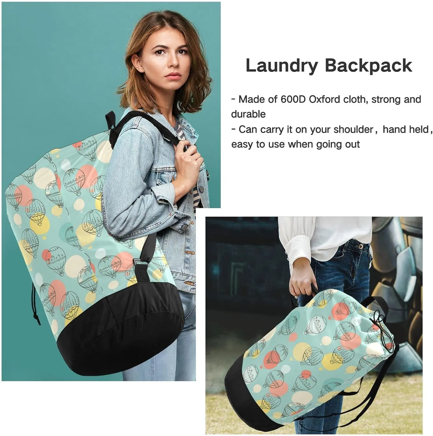 Oyihfvs Doodle Air Balloon Colorful Seamless Pattern Backpack Laundry Bag, Laundry Backpack with Shoulder Straps, Waterproof Nylon Clothes Hamper Bag for Men Women Yoga Backpack