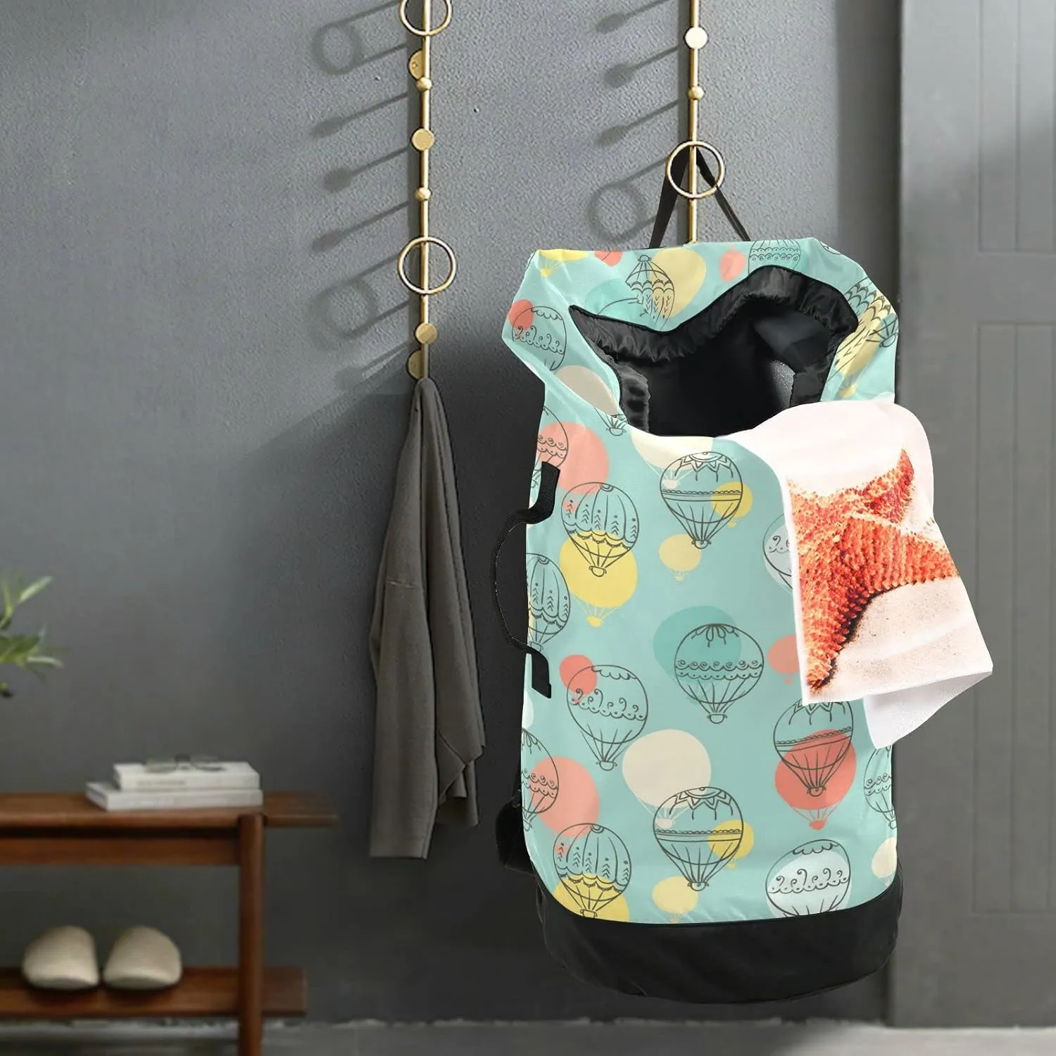 Oyihfvs Doodle Air Balloon Colorful Seamless Pattern Backpack Laundry Bag, Laundry Backpack with Shoulder Straps, Waterproof Nylon Clothes Hamper Bag for Men Women Yoga Backpack