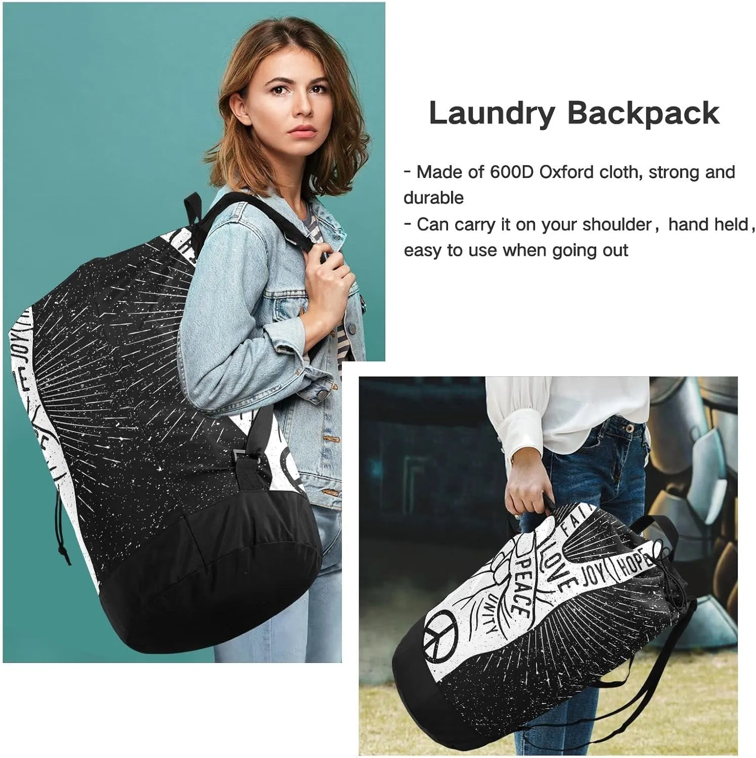 Oyihfvs Human Hand Fingers Peace Love Backpack Laundry Bag, Laundry Backpack with Shoulder Straps, Waterproof Nylon Clothes Hamper Bag for Men Women Yoga Backpack