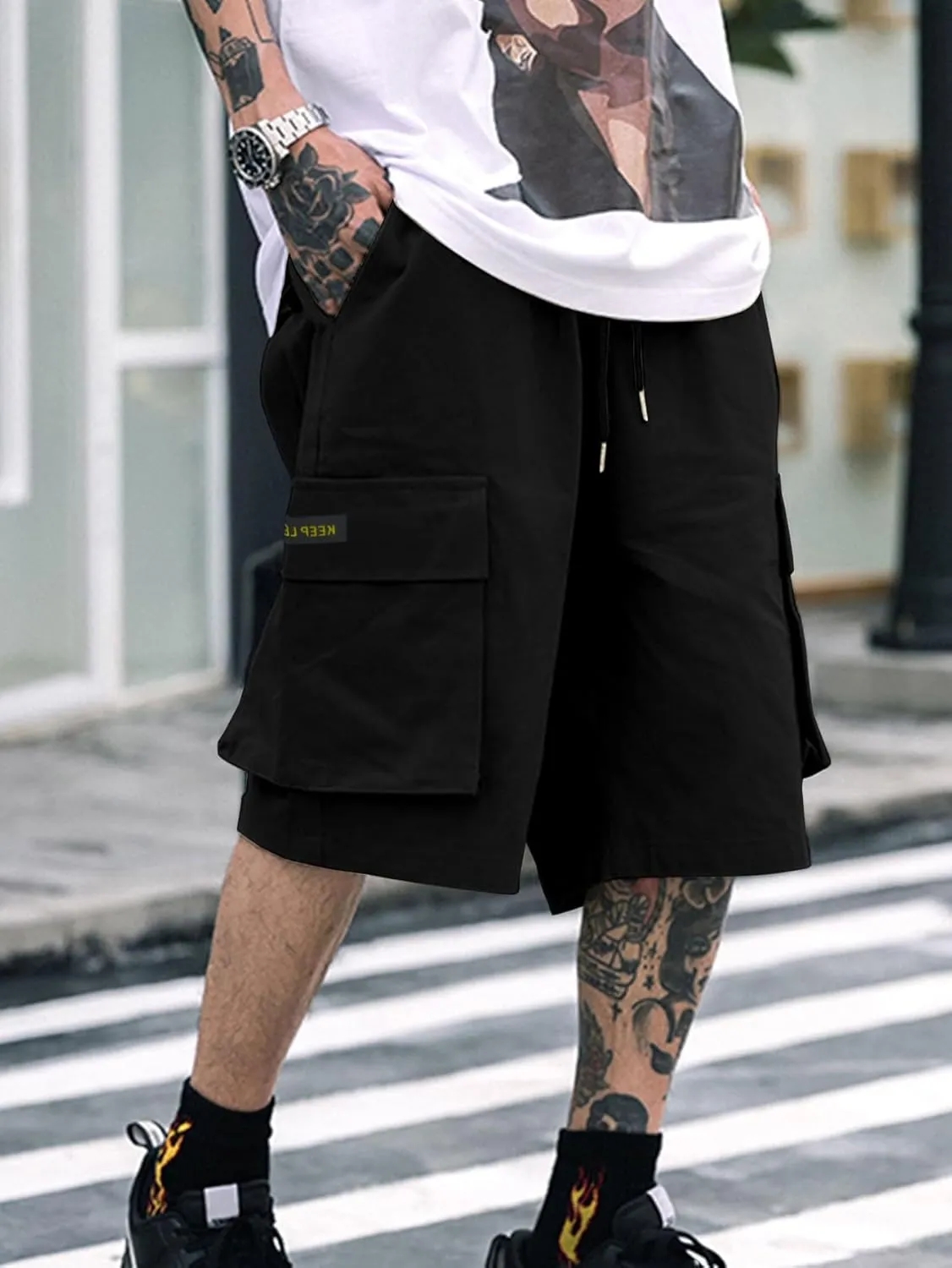 OYOANGLE Men's Casual Cargo Shorts Drawstring Shorts Twill Classic Flap Pocket Loose Fit Shorts