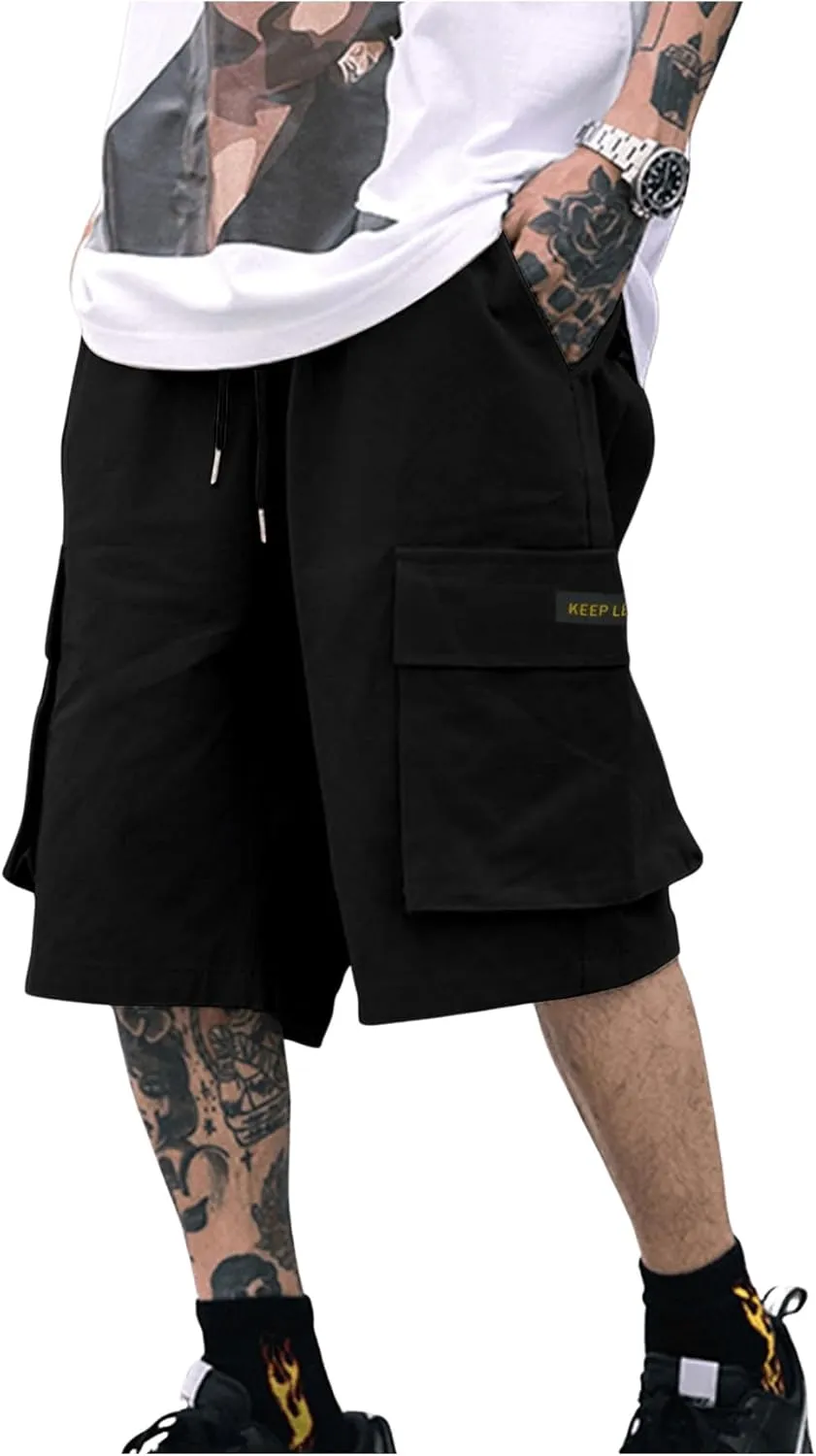 OYOANGLE Men's Casual Cargo Shorts Drawstring Shorts Twill Classic Flap Pocket Loose Fit Shorts