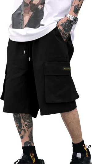 OYOANGLE Men's Casual Cargo Shorts Drawstring Shorts Twill Classic Flap Pocket Loose Fit Shorts