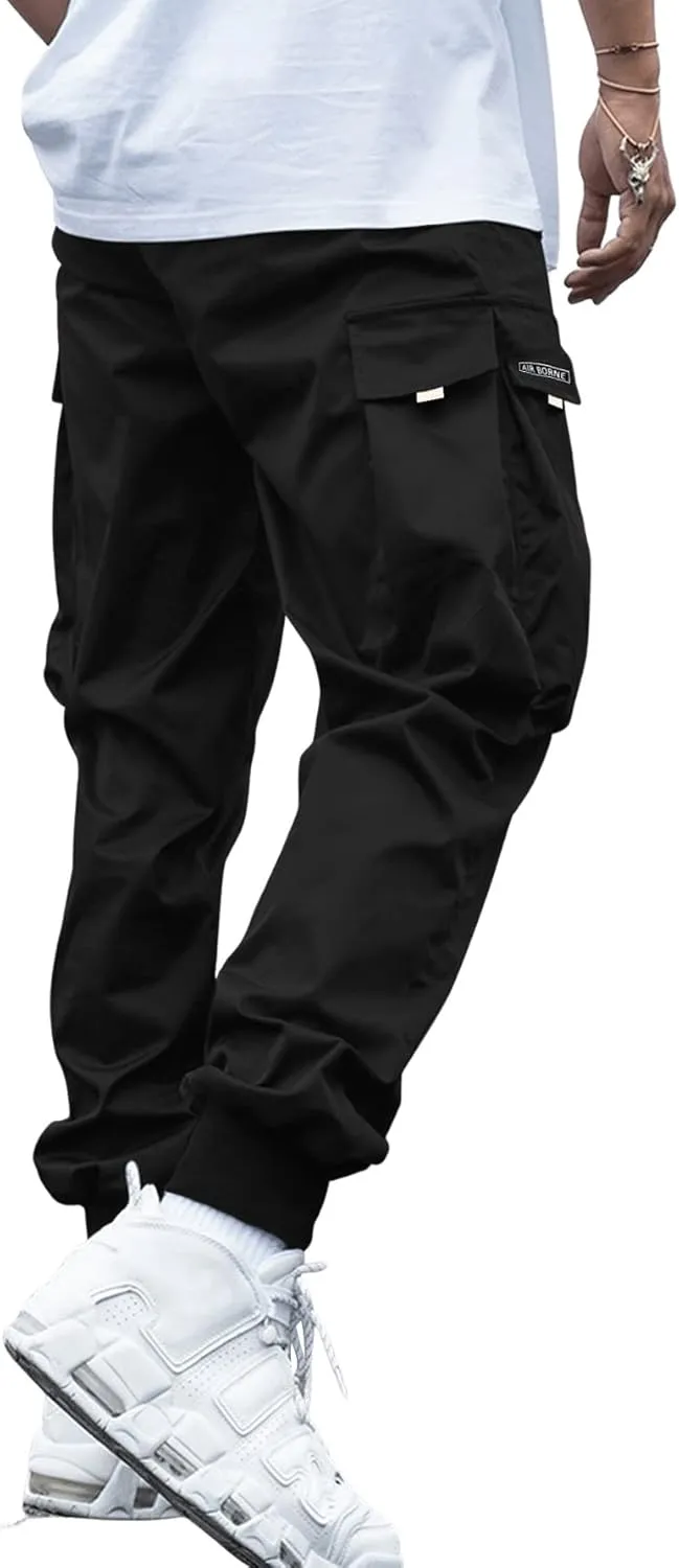 OYOANGLE Men's Casual Drawstring Elastic Waist Flap Pocket Letter Graphic Street Jogger Cargo Pants