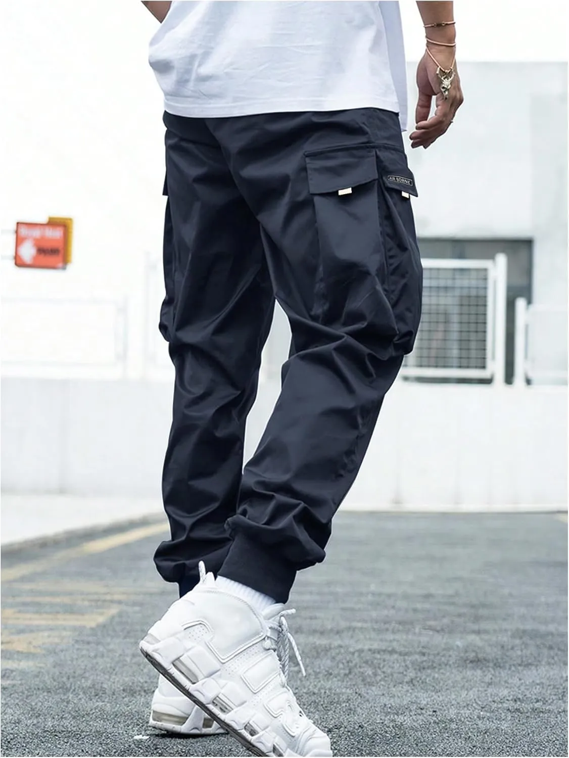 OYOANGLE Men's Casual Drawstring Elastic Waist Flap Pocket Letter Graphic Street Jogger Cargo Pants