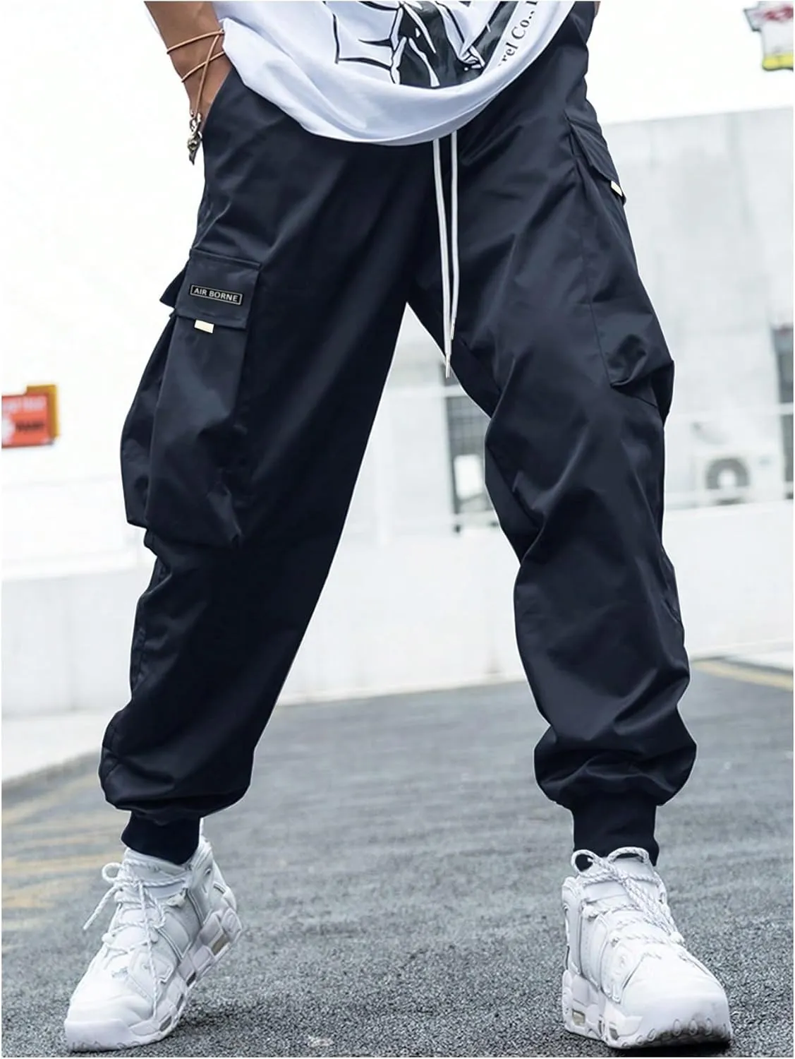 OYOANGLE Men's Casual Drawstring Elastic Waist Flap Pocket Letter Graphic Street Jogger Cargo Pants